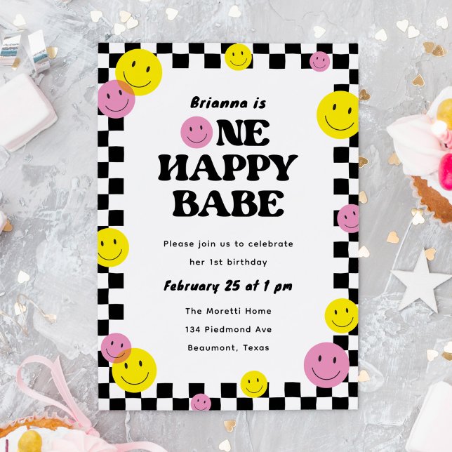 Invitation Un joyeux bébé souriant visage 1er anniversaire fê ("One happy babe" 1st birthday party invitation with smiling faces)