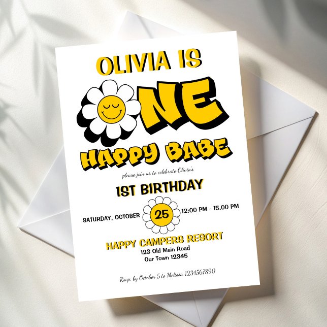 Invitation Un joyeux bimbo de marguerite rétro 1er anniversai (One happy babe retro groovy daisy girls 1st birthday party invitation template yellow and black)