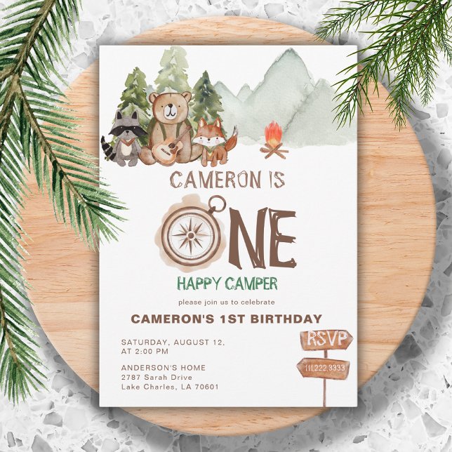 Invitation Un Joyeux Camper Bear Aquarelle 1er Anniversaire (Créateur téléchargé)