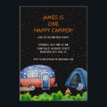 Invitation Un Joyeux Camper Birthday Kids Night Sky<br><div class="desc">Préparez-vous à une fête d'anniversaire aventureuse et enchanteresse avec notre design d'anniversaire "One Happy Camper" Kids Night Sky! Transportez votre petit vers une nuit magique sous les étoiles avec un ciel nocturne captivant avec des étoiles scintillantes comme l'arrière - plan. Le design s'anime avec un charmant camper van, une tente...</div>