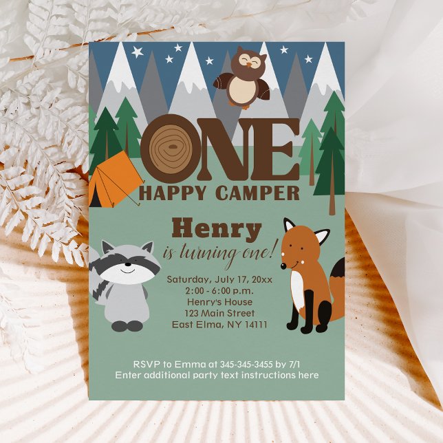 Invitation Un Joyeux Camper Bois Animaux 1er Anniversaire gar (ONE Happy Camper 1st Birthday Invitation)