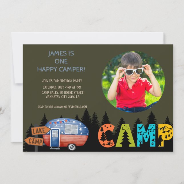 Invitation Un Joyeux Camper Photo Enfants d'Anniversaire (Devant)