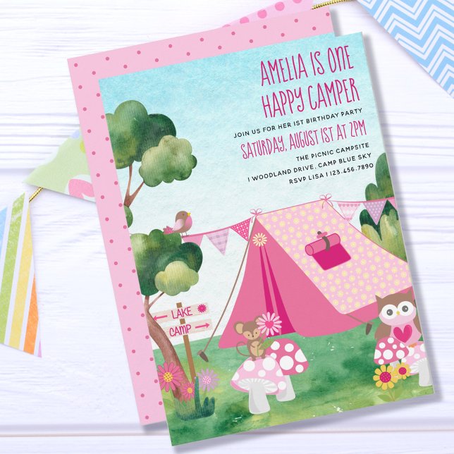 Invitation Un joyeux Camper Pink Tente Girl 1er anniversaire (Créateur téléchargé)