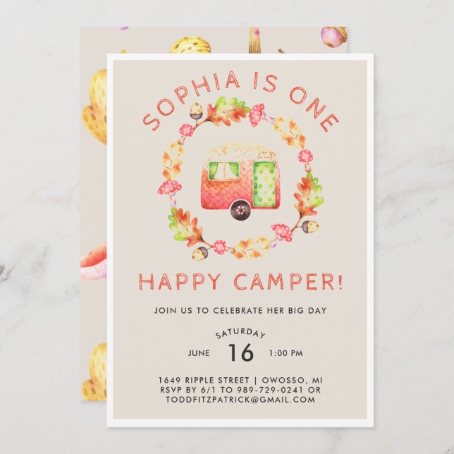 Invitation Un Joyeux Camper Première fête d'anniversaire (Devant / Derrière)