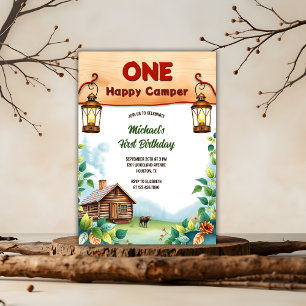 Invitation Un Joyeux Camper Rustic Woodland 1er anniversaire