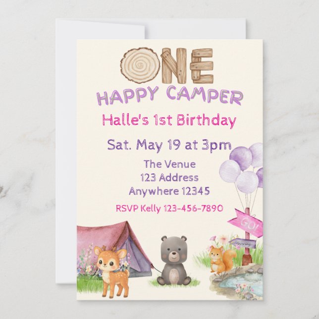 Invitation Un joyeux campeur Anniversaire d'animal aquarelle  (Devant)