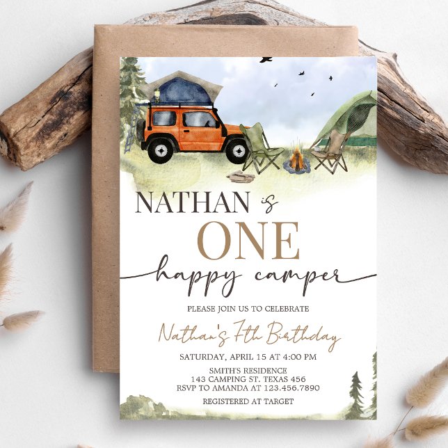 Invitation Un joyeux campeur Anniversaire garçon campeur (One Happy Camper 1st Birthday Party Invitation)