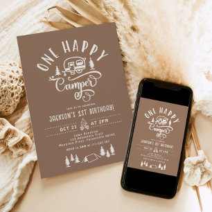 Invitation Un joyeux campeur Minimaliste 1er anniversaire