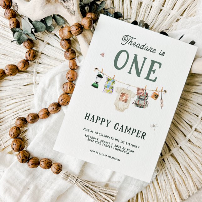 Invitation Un joyeux campeur pour son 1er anniversaire Campin (Créateur téléchargé)