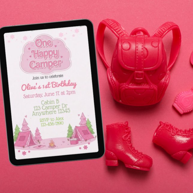 Invitation Un joyeux campeur rose 1er anniversaire (Créateur téléchargé)