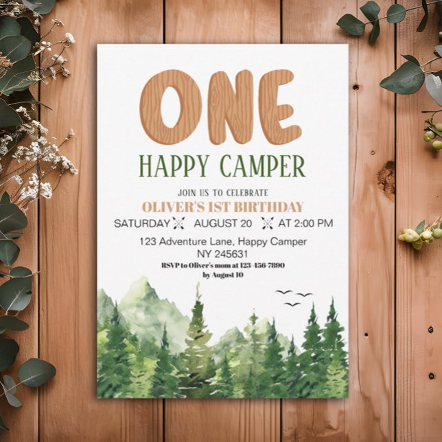 Invitation Un joyeux campeur Rustique Vert Forêt 1er Annivers (Créateur téléchargé)