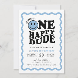 Invitation Un joyeux Dude Blue Happy Face Boy 1er anniversair