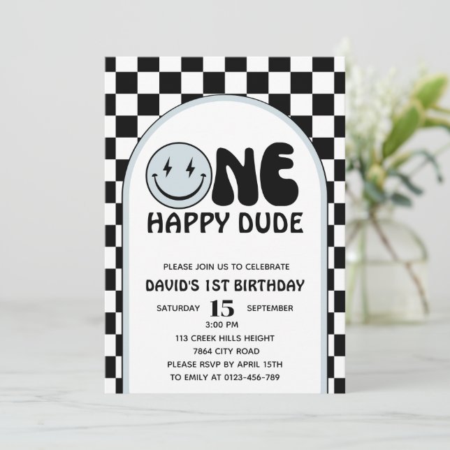 Invitation Un joyeux Dude Blue Happy Face Boy Anniversaire (Debout devant)