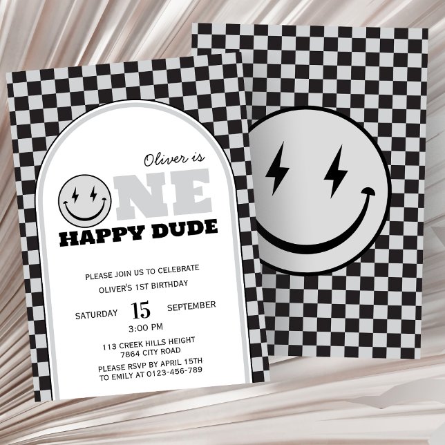 Invitation Un joyeux Dude Grey Check premier anniversaire (Créateur téléchargé)