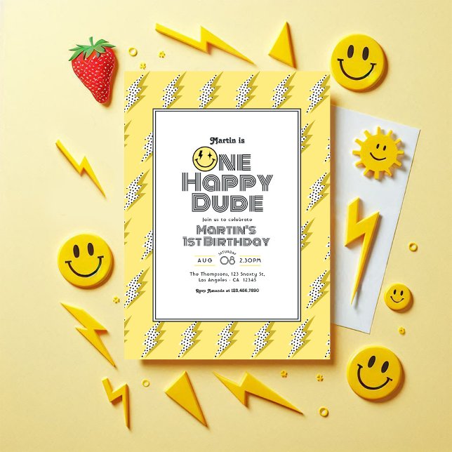 Invitation Un joyeux Dude Retro 1er Anniversaire (One Happy Dude Retro 1st Birthday Party Invitation)