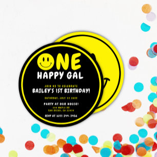 Invitation Un joyeux Gal 1er Anniversaire Noir/Jaune Smiley