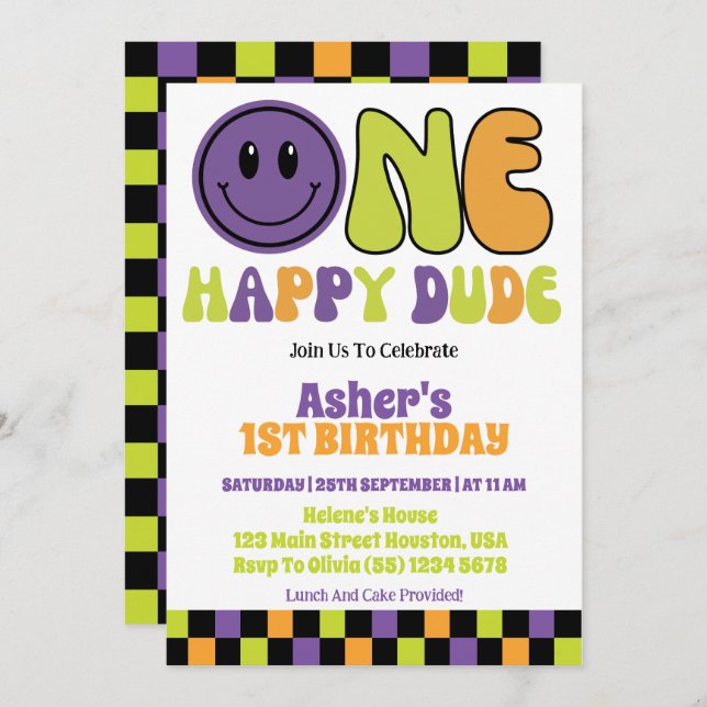 Invitation Un joyeux garçon de 1er anniversaire (Devant / Derrière)