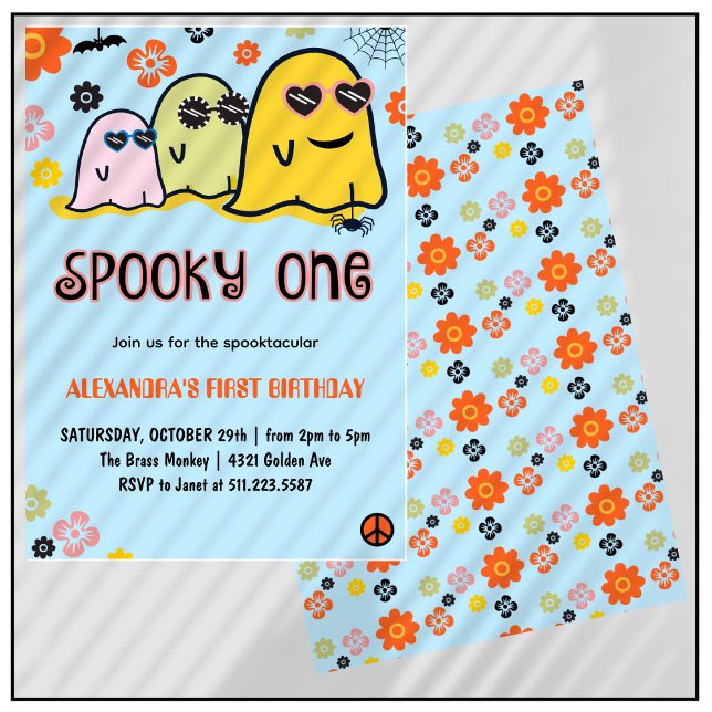 Invitation Un joyeux Halloween fantomatique et funky pour un  (Halloween-1st-birthday-Invitation-Spooky one-Ghost-Groovy-blue-1)