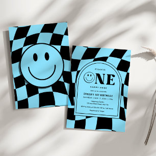 Invitation Un joyeux mec Happy Face Blue garçon 1er anniversa
