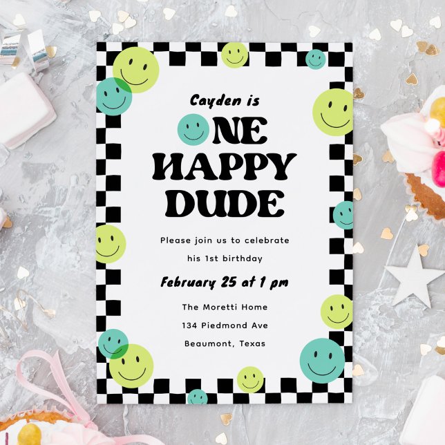 Invitation Un joyeux mec souriant visage 1er fête d'anniversa ("One happy dude" 1st birthday party invitation with smiling faces)