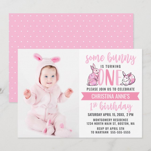 Invitation Un lapin 1er Anniversaire Pink mignonne Girl Photo (Devant / Derrière)