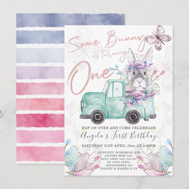 Invitation Un lapin devient un anniversaire de printemps (Devant / Derrière)