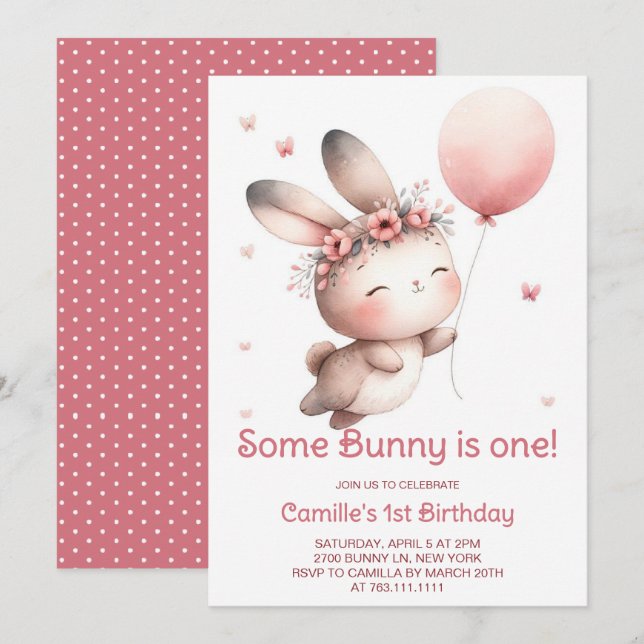 Invitation Un lapin devient une fille anniversaire (Devant / Derrière)
