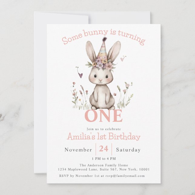 Invitation Un lapin devient une mignonne fête d'anniversaire (Devant)