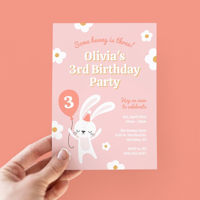 Invitation Un lapin est trois mignonne Retro 3ème fête d'anni (Créateur téléchargé)