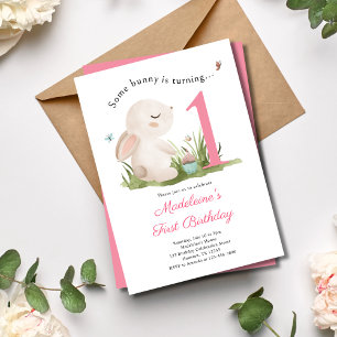 Invitation Un lapin est une fille rose 1er anniversaire