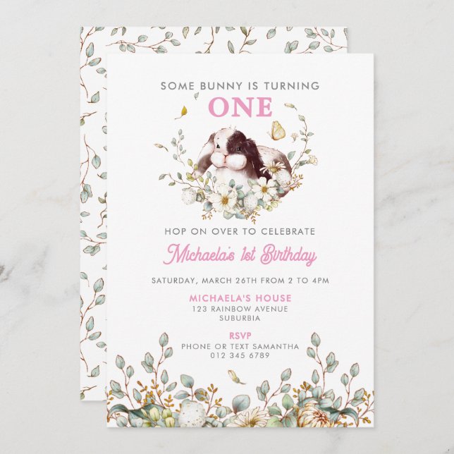 Invitation Un Lapin Fait le Premier Anniversaire d'une Fille (Devant / Derrière)