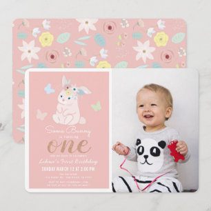 Invitation Un lapin Floral Rose Girl 1ère photo Anniversaire