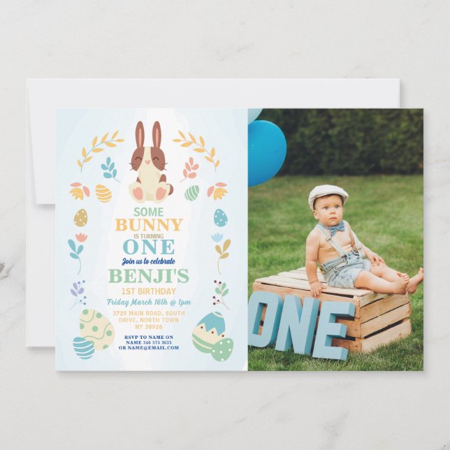 Invitation Un lapin Pâques 1ère fête Anniversaire Photo Invit (Devant)