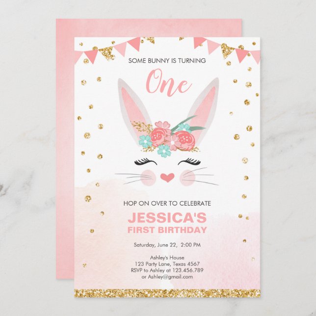 Invitation Un lapin Pâques Floral Rose Fille Anniversaire (Devant / Derrière)