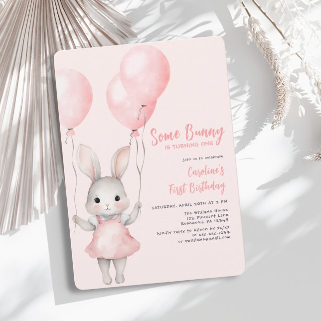 Invitation Un lapin rose fille premier anniversaire (Créateur téléchargé)