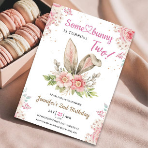 Invitation Un lapin va DEUX ans ! 2e anniversaire fille rose
