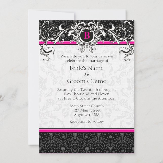 Invitation Un mariage avec un monogramme noir rose chaud A7 i (Devant)