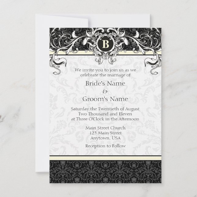 Invitation Un mariage de monogramme A6 Cream & Black Damask i (Devant)