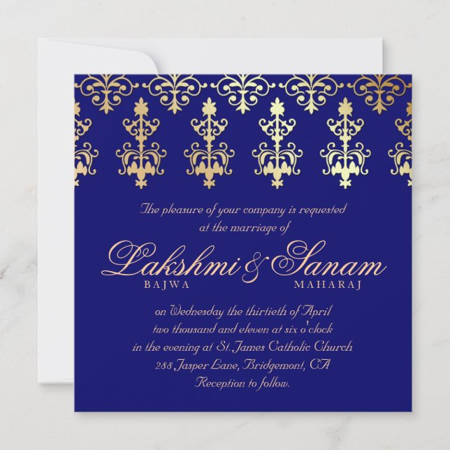 Invitation Un mariage indien invite Damask Gold Autumn Blue (Devant)