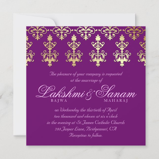 Invitation Un mariage indien invite Damask Gold Purple (Devant)