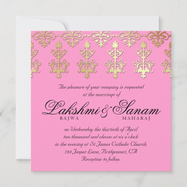 Invitation Un mariage indien invite Damask Gold Spring Pink (Devant)