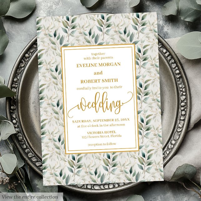 Invitation Un mariage pour l'or profond vert intemporel invit (Timeless Deep Green Gold Foliage Wedding Invitation)