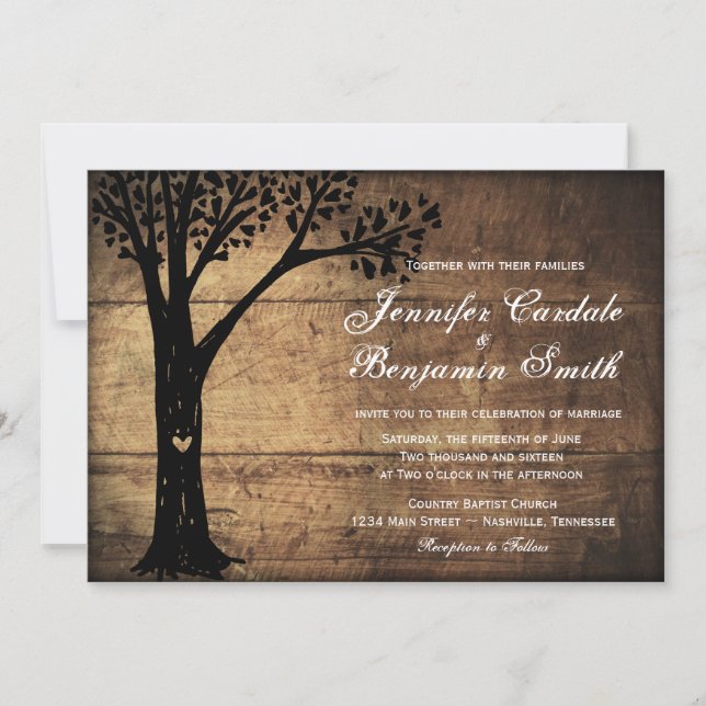 Invitation Un mariage rustique d'arbre cardiaque sculpté invi (Devant)