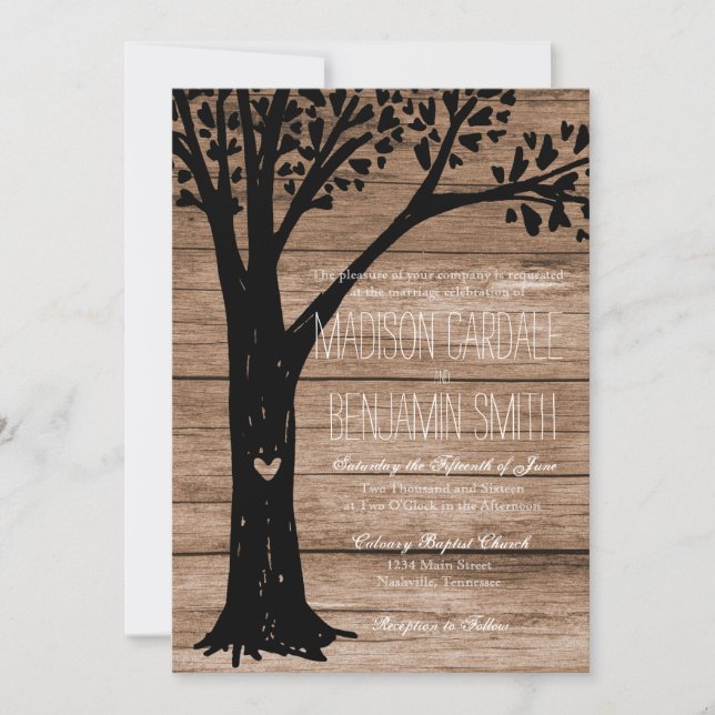 Invitation Un mariage rustique d'arbre cardiaque sculpté invi (Devant)