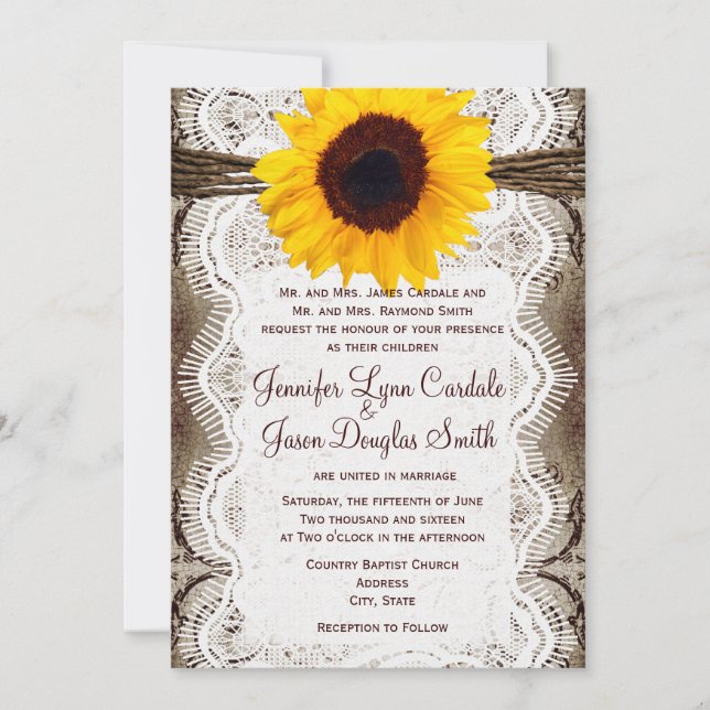Invitation Un mariage rustique de dentelle de tournesol (Devant)