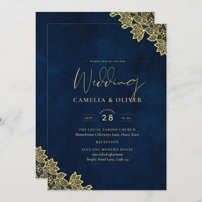 Invitation Un mariage tout en 1 en dentelle d'or invite QR Co (Devant / Derrière)