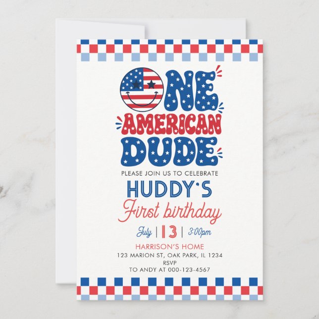 Invitation Un mec américain 4 juillet premier anniversaire (Devant)