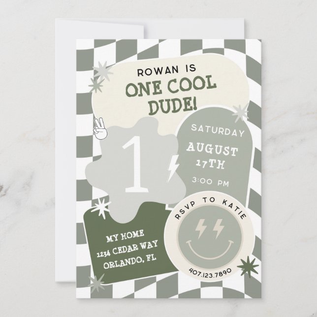 Invitation Un mec cool à damier rétro pour son 1er anniversai (Devant)