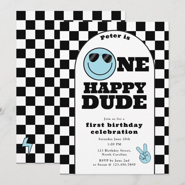 Invitation Un Mec Heureux 1er Premier Anniversaire (Devant / Derrière)