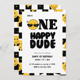 Invitation Un mec heureux à damiers heureux émoji 1er anniver